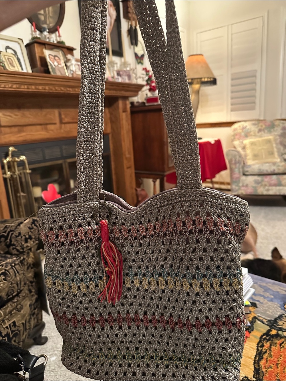 The Sak Gray Crochet Shoulder Bag with Multicolor Accents
